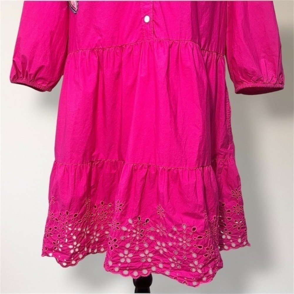 GAP Pink Eyelet Hem Cotton Shirt Mini Dress Sequin Heart Puff Sleeve Pockets - Picture 7 of 12